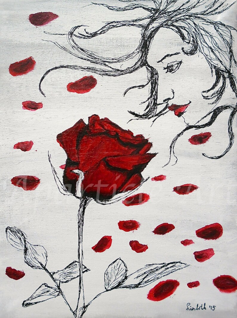 May include: A black and white drawing of a woman with long hair blowing in the wind, looking at a single red rose with petals falling to the ground. The background is white with a textured surface.