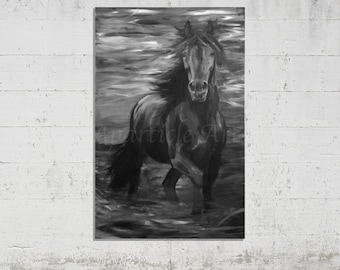 Free Spirit – Original Acrylic Painting | Galloping Horse Art | Black and White Expressionist Wall Decor | 75 x 115 cm