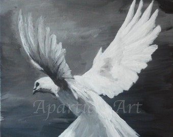 Original acrylic Painting Flying white dove painting black and white gray canvas artwork animal nature pigeon small wall art home decor art