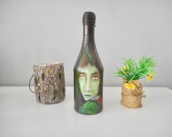 Forest spirit male fairy fantasy art on bottle handpainted bottles unique gifts for him or her home furnishing decorations artwork