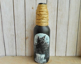 hand-painted bottle forrest waterfall full moon bottle black white decor decoration handmade home decor art artwork on beer bottle