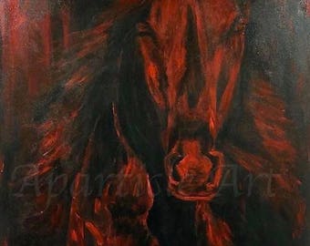 Original acrílico pintura caballo galopando acrílico rojo negro sobre lienzo arte original de la obra de arte en la pared muebles únicos del hogar regalo