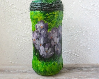 Hand-painted jar spring flowers / crocuses and snowdrops in the grass / home and garden decoration / art pots / art gallery