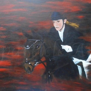 Acrylic painting on canvas horse and rider dark colors red black action painting art large original artwork handmade decor jumping horse image 1