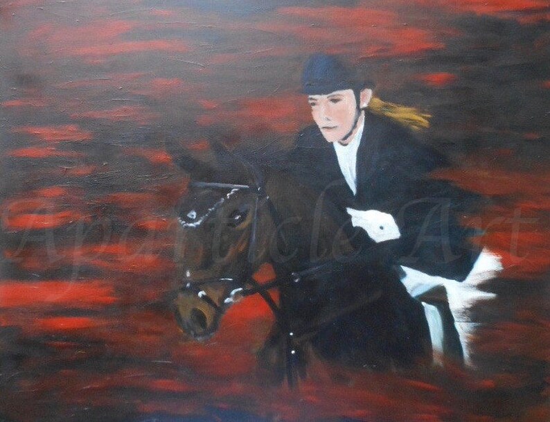 Acrylic painting on canvas horse and rider dark colors red black action painting art large original artwork handmade decor jumping horse image 1