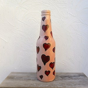 Hand Painted bottle Valentine / red hearts / pink and red / be mine / my Valentine / hand painted artwork / bottle art / gallery image 1