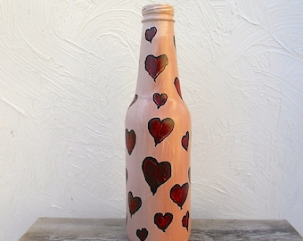 Hand Painted bottle Valentine / red hearts / pink and red / be mine / my Valentine / hand painted artwork / bottle art / gallery
