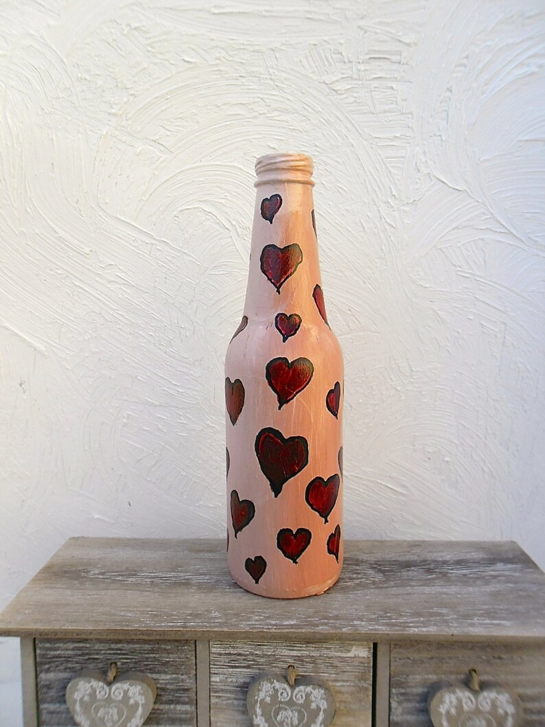 Hand Painted bottle Valentine / red hearts / pink and red / be mine / my Valentine / hand painted artwork / bottle art / gallery image 1