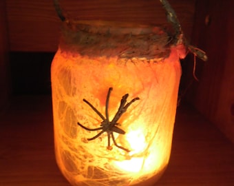 Homemade tea light holder / party lights / Halloween / pot cobweb with spider / dirty look / hand-painted lantern