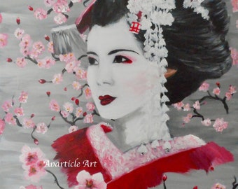 Geisha artwork with Japanese Sakura cherry blossom oriental lady art wall art fine gray home decor decor decoration original acrylic canvas