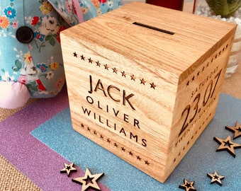 Personalised Wooden Money Box "STAR BORDER" - Boy or Girl, Birth, Christening, Baptism, Dedication, Birthday Laser Engraved Keepsake Gift