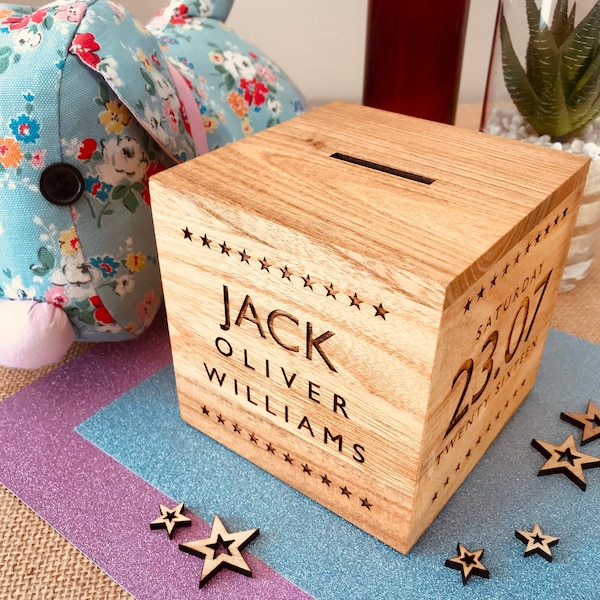 Tirelire personnalisée en bois « STAR BORDER » - Garçon ou fille, naissance, baptême, baptême, dédicace, cadeau d'anniversaire gravé au laser