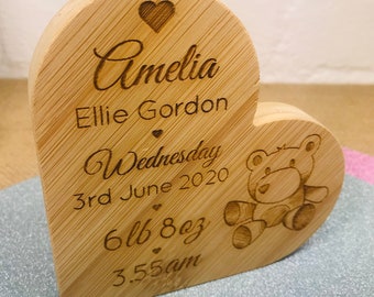 Baby Name Announcement - Engraved Bamboo New Baby Plaque, Personalised Baby Arrival Sign, Custom Photography, Social Media Prop,