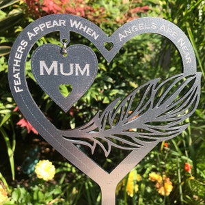 Memorial Plaque Gift Heart & Angel Feather Ornament Grave Decoration Personalised Engraved With Stake, Remembrance, Sympathy, Butterfly