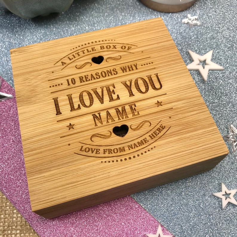 10 Reasons Why I Love You Bamboo Box and Personalised Hearts Birthday, Anniversary, Valentines Day Gift, Boyfriend Girlfriend Wife Husband image 2