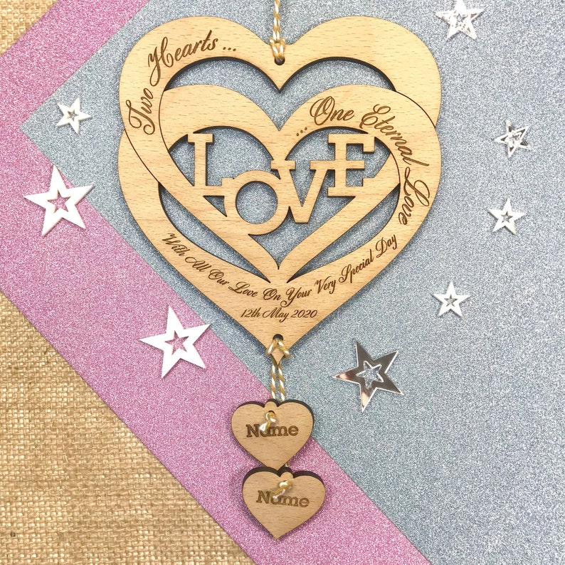 Wooden Personalised Wedding Two Hearts One Love Wall Art Etsy