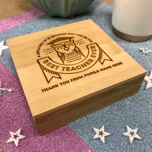 Personalised 10 Reasons Why You're The Best Teacher Ever Bamboo Box & Tokens End Of Term Leaving Thank You Teaching Assistant OWL DESIGN image 3