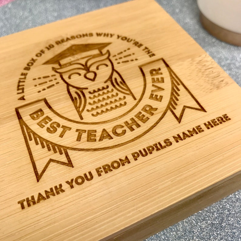 Personalised 10 Reasons Why You're The Best Teacher Ever Bamboo Box & Tokens End Of Term Leaving Thank You Teaching Assistant OWL DESIGN image 4