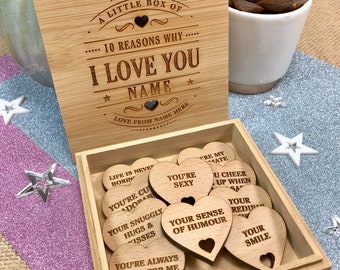 Personalised Bamboo '10 Reasons Why I Love You' Box with Hearts