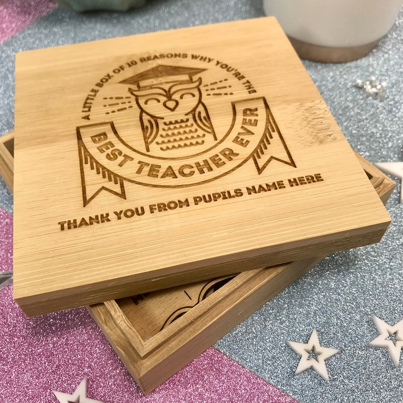 Personalised 10 Reasons Why You're The Best Teacher Ever Bamboo Box & Tokens End Of Term Leaving Thank You Teaching Assistant OWL DESIGN image 1