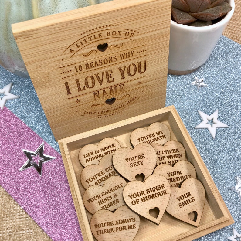 10 Reasons Why I Love You Bamboo Box & Hearts Made of Bamboo,Beech Veneered MDF, Personalized With Messages