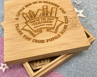 Personalised 10 Reasons Why You're The Best Teacher Ever Bamboo Box & Tokens End Of Term Leaving Thank You Teaching Assistant PENCIL DESIGN