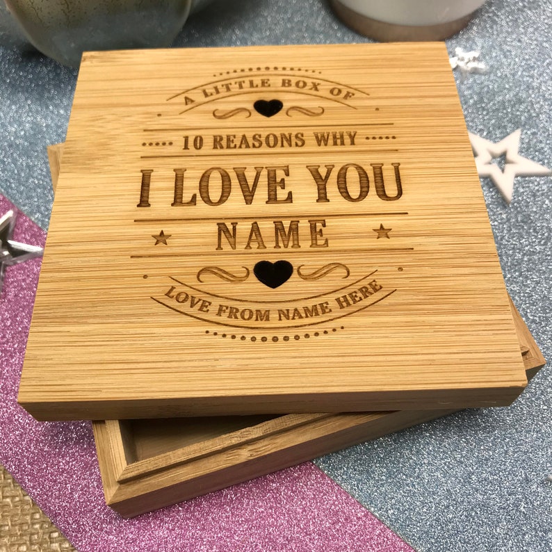 10 Reasons Why I Love You Bamboo Box and Personalised Hearts Birthday, Anniversary, Valentines Day Gift, Boyfriend Girlfriend Wife Husband image 3