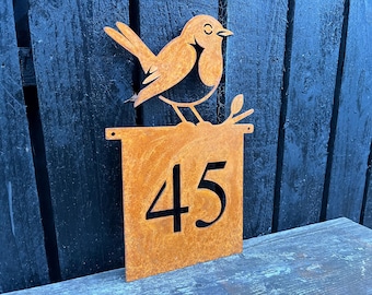 Personalized Corten Steel Robin Bird House Sign | Custom Name/Number