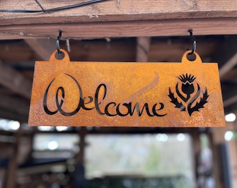 Welcome Corten Steel Hanging Thistle Sign