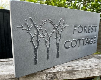 Relief Engraved Slate House Sign with Tree Design 400x200mm size