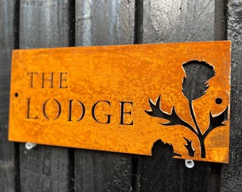 Corten Steel House Number Sign Thistle Design: Easy Install, Modern Design