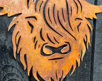 Rusty Highland Cow Wall Art: Scottish Garden Decor