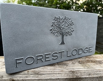 Relief engraved Slate House Sign with Tree: Custom Front Door Decor
