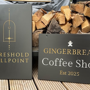 May include: Two rectangular dark gray signs. The left sign features a gold geometric arch design and the text THRESHOLD STILLPOINT. The right sign displays a white gingerbread man icon, the text GINGERBREAD Coffee Shop, and the gold text Est 2025.