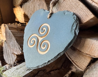 Handmade Green Slate Heart: Engraved Celtic Triskele Symbol
