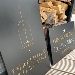 May include: Two rectangular black signs with gold lettering. The larger sign features a geometric arch design and the text "THRESHOLD STILLPOINT". The smaller sign displays a gingerbread man icon, the text "GINGERBREAD Coffee Shop", and "Est 2025".