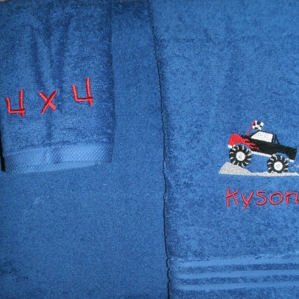 Monster Truck 4 x 4 Personalized Bath, Hand, Washcloth Towel Set 4 x 4 Monster Truck ANY COLOR