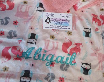 Personalized Coral Pink  Forest Fox  30 x 40 Minky Blanket with Sherpa back Personalized Baby Gift Minky Baby Blanket Minky Toddler Blanket
