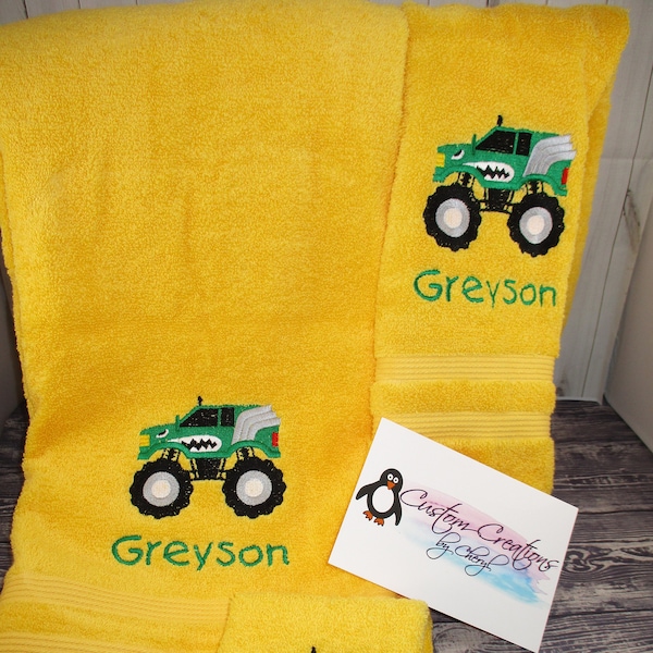 Monster Truck Teeth 4 x 4 Personalized Bathtowel set includes Bathtowel, Hand towel, & Washcloth Towel Set 4 x 4 Monster Truck ANY COLOR