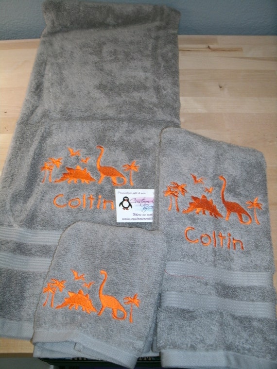 Dinosaur Scene Dino Personalized 3 Piece Bath Towel Set Any Color Dinosaurs