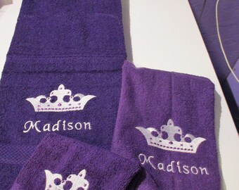Princess Crown Personalized 3 Piece Bath Towel Set Your Color Choice 