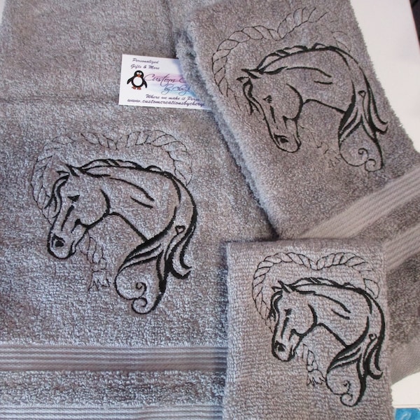 Horse Head Rope Heart Sketch Western Personalized 3 piece Bath towel, hand towel & Washcloth Set Horse