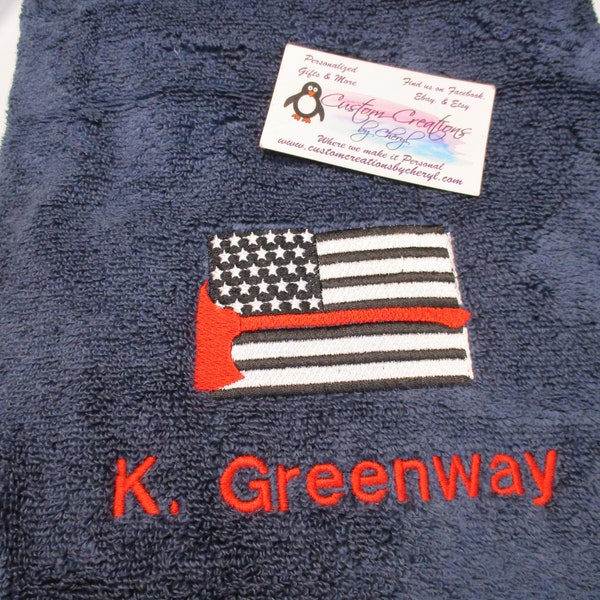 Fireman Personalized Bath towel, Red Line Ax Flag, Personalized Firefighter Towel, Personalized Firefighter Gift, Personalized Fireman Towel