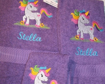 Rainbow Unicorn Heart Personalized  3 piece Bath towel, hand towel & Washcloth Set