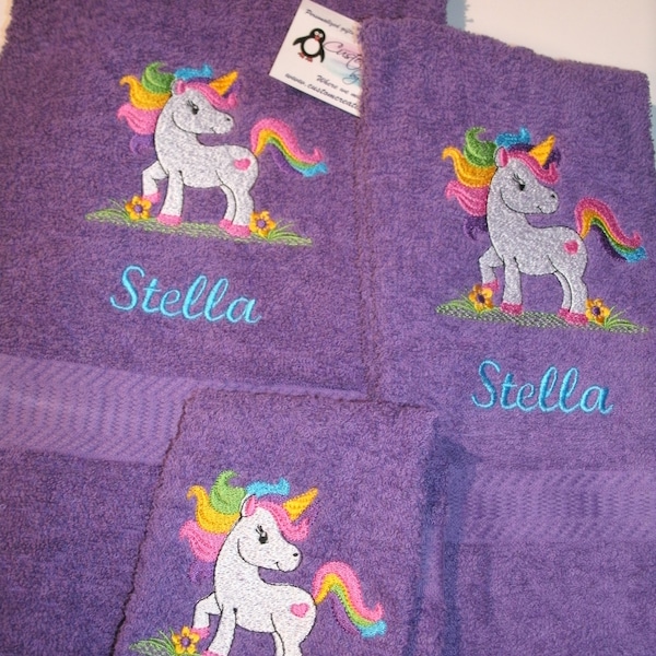 Rainbow Unicorn Heart Personalized  3 piece Bath towel, hand towel & Washcloth Set