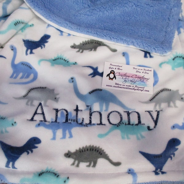 Minky Personalized Blue Dinosaurs  30 x 40 Minky Blanket with Sherpa back Personalized Baby Gift Minky Baby Blanket Minky Toddler Blanket