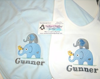 Elephants Stacked Personalized Boy Elephant Infant Toddler Baby Blanket & Bib Set Jungle Any color