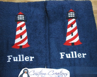 Custom Lighthouse Hand towels,  Slanted Striped Lighthouse hand towels, Personalized Nautical Hand Towels, Nautical Lighthouse Hand towels