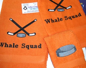 Custom Hockey Sticks 3 piece Bath towel, hand towel & Washcloth Towel Set, Personalized Hockey Towel Set, Hockey Towels