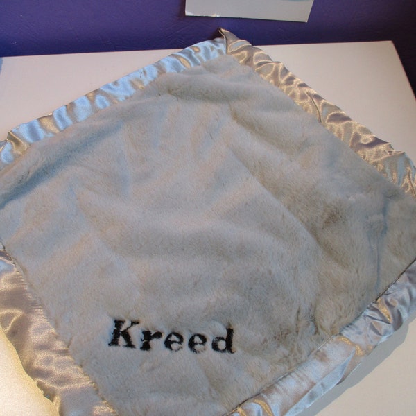 Personalized Steel Gray Silky Soft Security Blanket with Satin Trim .. Custom Made with Any Name & Thread Color EMBROIDERED
